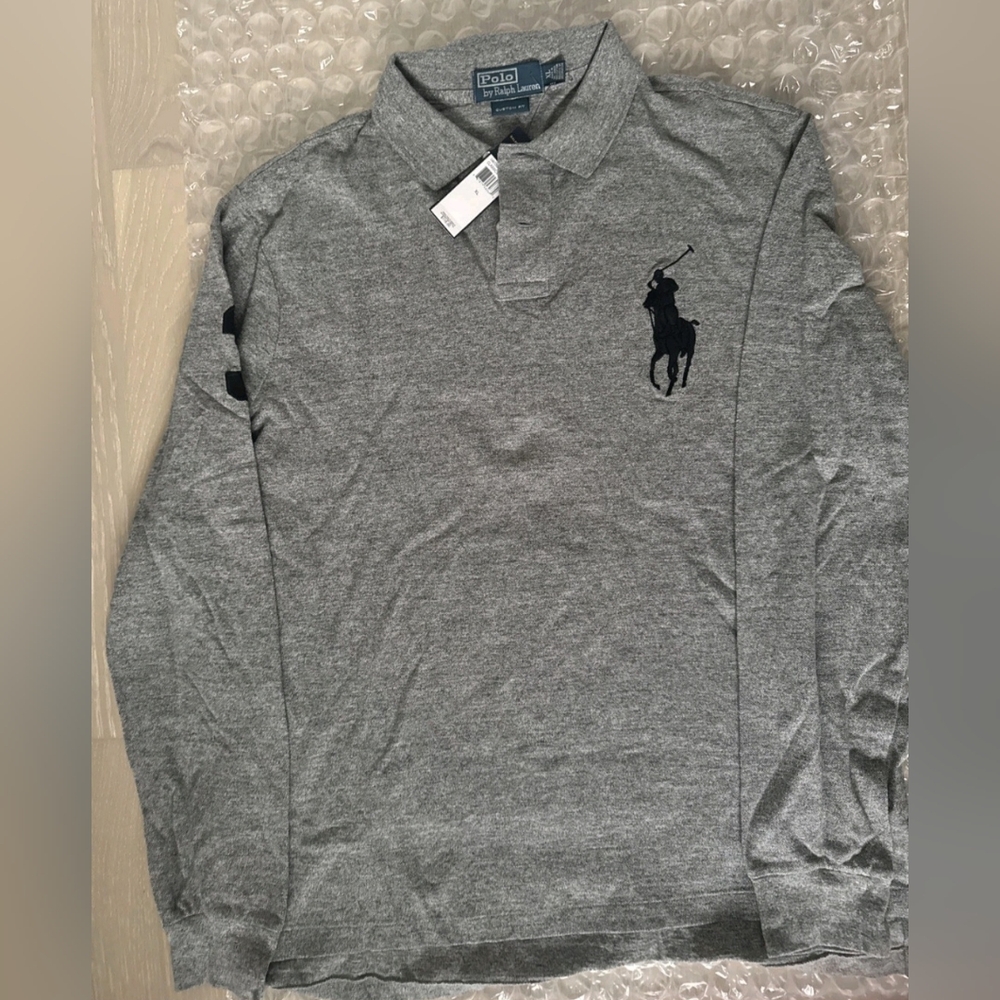 Polo by Ralph Lauren Heather Gray Long Sleeve Big PONY Polo- Custom Slim Fit- XL